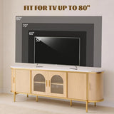 MXV 70" Fluted TV Stand for TVs up to 80", Mid Century Modern Entertainment Center with Sliding Doors & Glass Door, TV Console Table with Faux Marble Top for Living Room, Oak MXV