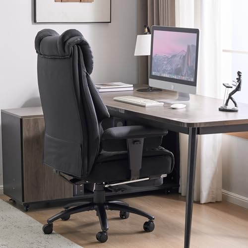 Big and Tall Office Chair 400LBS with Foot Rest & Waist Lumber Support, Ergonomic Gaming Chair with 2D Armrests, High-Back Leather Reclining Executive Chair for Home, Office, Black ChaGeer