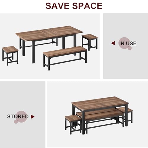 Garvee 47.3"-63" Extendable Dining Table for 4-8, Rectangular Wood Kitchen Table with Strong Metal Frame, Industrial Long Dining Room Table with 2 Benches and 2 Stools for Kitchen Living Room Home Garvee