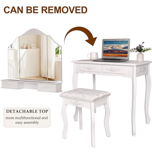 HVCBOSS 3-in-1 Makeup Vanity Desk with Tri-Fold LED Mirror, Charging Station (2 AC + 2 USB), 4 Drawers + Open Shelf, Small Vanity Table with Stool for Bedroom/Dorm HVCBOSS