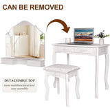 HVCBOSS 3-in-1 Makeup Vanity Desk with Tri-Fold LED Mirror, Charging Station (2 AC + 2 USB), 4 Drawers + Open Shelf, Small Vanity Table with Stool for Bedroom/Dorm HVCBOSS