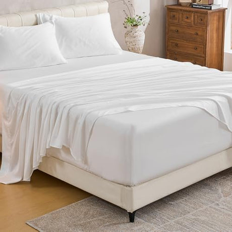 MEISHANG Extra Deep Pocket Cotton Sheets King Size - 100% Egyptian Cotton 1000 Thread Count - Fits 18"-24" in Deep Mattress,Oeko-Tex Certified, Soft & Breathable - 4 Piece (King, White) MEISHANG