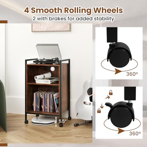 Giantex Record Player Stand with Charging Station, Mobile Turntable Stand with Record Storage & 4 Rolling Wheels, 3-Tier Vinyl Record Storage w/ Open Shelves & Dividers for Living Room, Rustic Brown Giantex