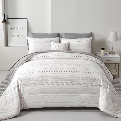 WONGS BEDDING Boho Comforter Set King Size,7 Pieces Grey White Geometric Bohemian Bed in a Bag Comforter Complete Striped Bedding Set for All Season with Sheets,Pillowcases & Shams Soft Microfiber WONGS BEDDING