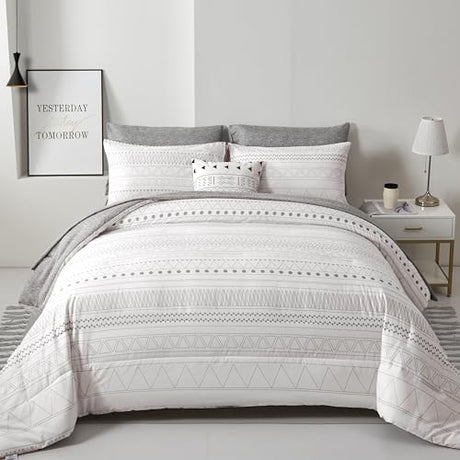 WONGS BEDDING Boho Comforter Set King Size,7 Pieces Grey White Geometric Bohemian Bed in a Bag Comforter Complete Striped Bedding Set for All Season with Sheets,Pillowcases & Shams Soft Microfiber WONGS BEDDING
