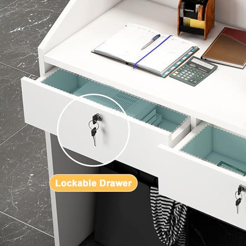 Walisk Modern Reception Desk with Lockable Drawer and Open Shelves, Rectangular, White and Walnut, 60x38x92cm, Office, Working WoodArtSupply