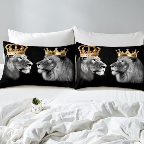 Lion Wild Animal Duvet Cover Set King Size,King and Queen Theme Golden Crown Comforter Cover with 2 Pillowcases,Tropical African Rustic Bedding Set for Adult Young Bedroom Xmas Gift (No Comforter) Castle Fairy