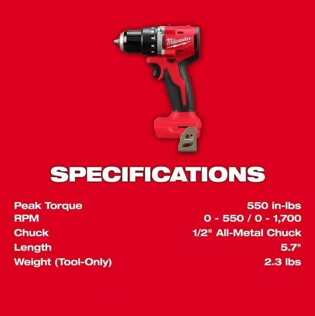 Milwaukee 3601-20 M118 18V Lithium-Ion Brushless Cordless 1/2 in. Compact Drill/Driver (Tool Only), Red - WoodArtSupply