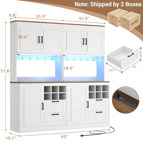 Unikito 72" Tall Pantry Cabinet, Kitchen Pantry Storage Cabinet with LED Light & Outlet, 63" Wide Kitchen Hutch Bar with Microwave Stand, Drawers, Wine Rack & Shelves, Cupboard for Dining Room, White Unikito