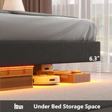 Queen Bed Frame with Headboard,Bed Frame Queen Size with LED Lights & Charging Station,Floating Queen Bed Frame with Storage Openable Marshmallow Headboard,No Box Spring Needed,Noise-Free,Dark Gray BYSAUD