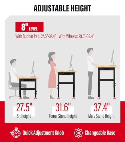 48" Adjustable Work Bench,Heavy Duty Garage Work Bench Table,Hardwood Top 2000 LBS Load Worktable,Rolling Mobile Workbench with Power Strip for Workshop Office Home - WoodArtSupply