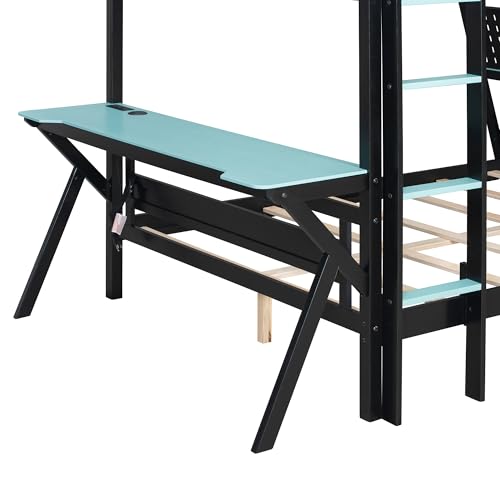 Merax Bunk Bed with Two Built-in Gaming Desks, USB Desktop Ports & Pegboard Organizer, Gaming Bunk Frame for Gamer, Full Size, Cloud Blue Merax