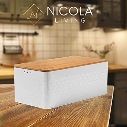 White Bread Box For Kitchen Countertop With Bamboo Wood Cutting Board Lid - Farmhouse White Metal Large Bread Box Modern Style To Extend Freshness - Bread Storage Container