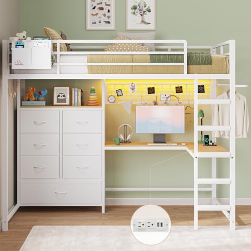DICTAC Twin Size Loft Bed with L-Shaped Desk and 7 Storage Drawers,Metal Twin Loft Bed for Kids with LED Lights and Charging Station,13.11" H Safety Guardrail and Ladder,No Box Spring Needed, White DICTAC