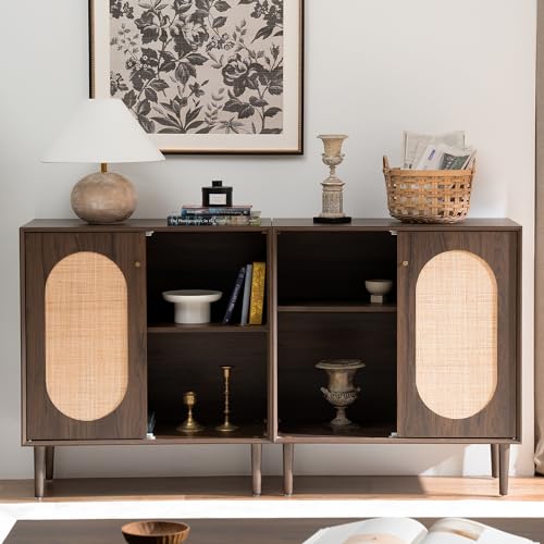 HoeuThien Rattan Sideboard with Storage Modern Kitchen Buffet Accent Cabinet with 2 Doors Wooden Cabinet for Dining Room Entryway Living Room Dark Brown - WoodArtSupply