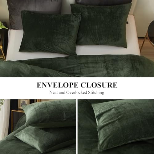 Ivellow Velvet Duvet Cover King Set Dark Green Comforter Cover 3Pcs Ultra Soft Cover Breathable Solid Luxury Flannel Velour Duvet Cover Zipper Closure Corner Tie Ivellow
