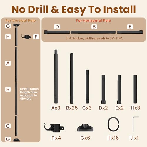 Bonpally Room Divider Curtain Rod, No Drilling Tension Rod for Room Separation, 4-10ft(H) 28-114inch(W) Adjustable Heavy Duty Floor to Ceiling Wall Divider Room Partition Privacy Separator, Black Bonpally