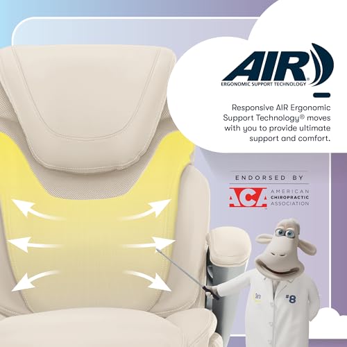 Serta Bryce Executive Office Chair, Ergonomic Computer DeskChairs with Patented AIR Lumbar Support, Comfy Body Pillows, Height Adjustable, Swivel Base with Wheels, Bonded Leather, Cream White Serta