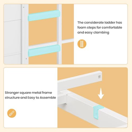 BTHFST Bunk Bed Twin Over Twin with 6 Large Fabric Drawers & 4 Wooden Storage Bookshelf Organizer, Metal Low Bunk Bed for Kids with LED Lights & Safety Ladder and Guardrail, Space Saving BTHFST