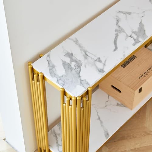 Goderfuu 48.8" White Faux Marble Console Table for Living Room, 2-Tier Rectangular Marble Sofa Table with Gold Metal Frame, Mid Century Modern Console Table Hallway Entryway Table, Gold Console Table Goderfuu