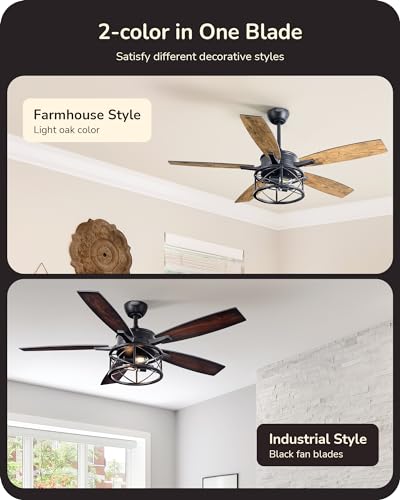 EDISHINE 52 Inch Farmhouse Ceiling Fans With Lights, Rustic Ceiling Fan With Light and Remote, 5 Wood Blades Ceiling Fan with Timer, 6 Speeds Reversible DC Motor for Bedroom, Patio, Porch EDISHINE