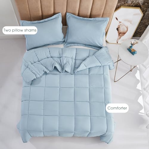 HIG Pre Washed Down Alternative Comforter Set Twin - Reversible Chic Quilt Design - Box Stitched with 4 Corner Tabs - Lightweight for All Season - Blue Duvet Comforter with 2 Pillow Shams HIG
