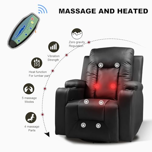 COMHOMA Recliner Chair, PU Rocking Chair for Adults, Swivel Recliner with Cup Holders, Heat and Massage, Single Sofa Seat with Side Pockets for Living Room, Bedroom (Black) COMHOMA