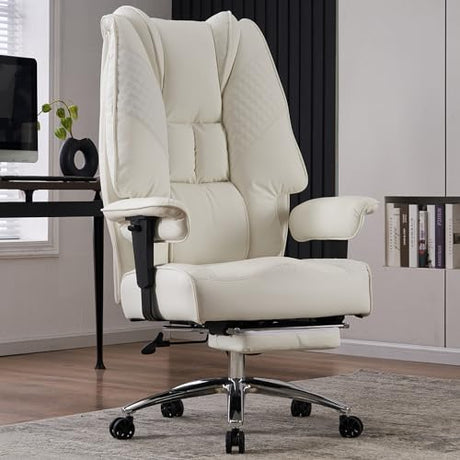 EXCEBET Big and Tall Office Chair 400lbs Wide Seat, Leather High Back Executive Office Chairs with Foot Rest, Ergonomic Lumbar Support for Lower Back Pain Relief (White) EXCEBET