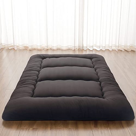 Zelladorra Japanese Floor Mattress, Futon Mattress with Portable Storage Bag and Washable Cover, Roll Up Thick Tatami Mat Suitable for Camping, Guest Room, Black, Twin Zelladorra