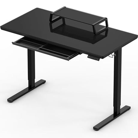 SHW 48x24 Glass Electric Height Adjustable Standing Desk – Motorized Sit Stand Desk with Monitor Riser, Pull-Out Drawer, Memory Presets, Black SHW