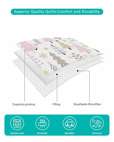 Christmas Pink Tree Quilt Full Queen Bedding Set, Contemporary Minimalist Grey Lightweight Summer Quilt with Pillow Shams 3 Pieces Microfiber Soft Quilt Set Bedspread Coverlet for All Seasons Onekaccu
