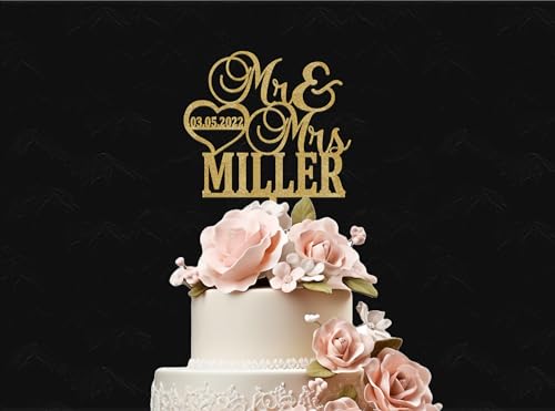 Mr and Mrs Cake Topper for wedding, Last name and date topper, Personalized cake topper, rustic toppers for cake, Wooden Bride & Groom Mr Mrs Heart Customized Wedding topper - WoodArtSupply