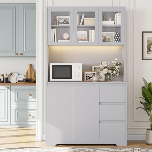 Finetones 71" Modern Grey Kitchen Pantry Cabinet with LED Lighting and Charging Station - WoodArtSupply