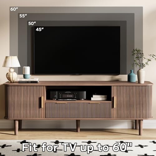 DAMCROP Fluted TV Stand, 62 Inch Mid Century Modern Media Console Table with Sliding Tambour Door Farmhouse Sideboard Buffet Cabinet Fits TVs up to 75 inch, Wood Entertainment Center for Living Room DAMCROP