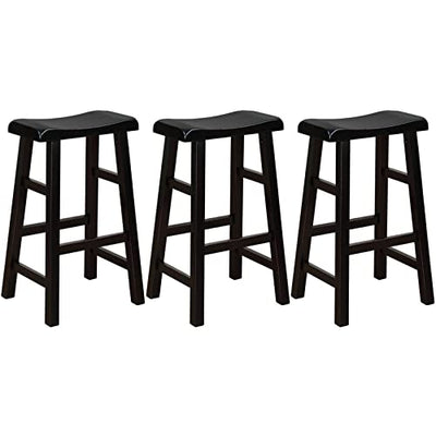 eHemco Heavy-Duty Solid Wood Saddle Seat Kitchen Counter Barstools, 29 Inches, Black, Set of 3