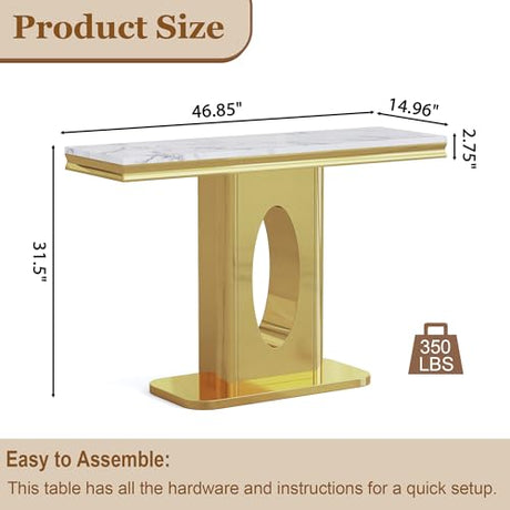 47" Rectangular Console Table, Modern Accent Table with White Faux Marble Top and Gold Mirror Stainless Steel Base, Modern Entryway Table for Living Room, Bedroom, or Hallway AF ARTISAN FURNITURE