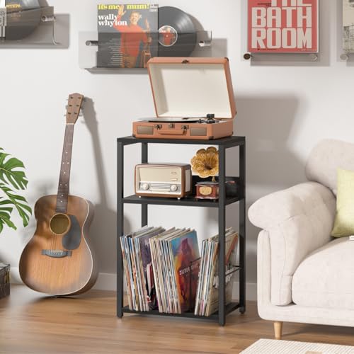 LELELINKY Record Player Stand, 3-Tier End Side Table with Vinyl Record Storage, Vinyl Record Holder Up to 120 Albums, Turntable Stand with Vinyls Storage for Music Living Room LELELINKY