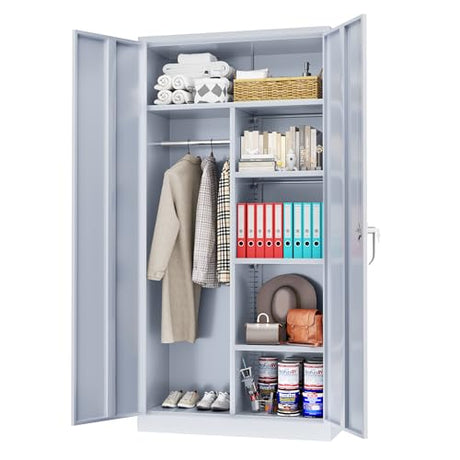 Greenvelly Metal Wardrobe Closet with Doors and Hanging Rod, 72” Lockable Steel Storage Wardrobe Bedroom Storage Cabinet, Clothes Closet for Home, Office and Bedroom, School,Gym(Dark Gray) Greenvelly