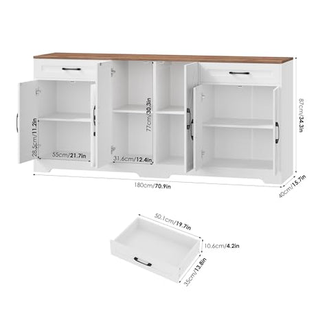 BOTLOG 71” Large Sideboard Buffet Cabinet with Storage, Farmhouse Kitchen Buffet Cabinet with Adjustable Shelves and 6 Barn Doors, Wood Coffee Wine Bar Console Table for Kitchen, Dining Room, White BOTLOG
