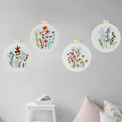 Huacan Embroidery Kits for Adults Beginner - 4 Pcs Floral Pattern Stitching Printed Bouquet DIY Sewing Kit 7.9 x 7.9 Inch (Bouquet 3)