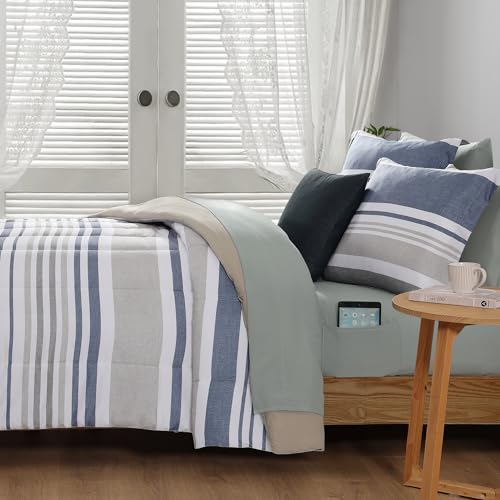 Monbix Full Size Comforter Set - 7 Pieces Bed in a Bag Full, Ocean Blue-Stripe Bedding Sets, All Seasons Comforter Bed Set with Sheets, Pillowcases & Shams Monbix