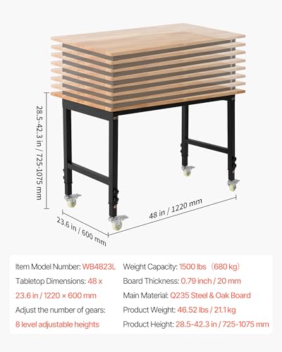 VEVOR Adjustable Workbench on Wheels, 1500 lbs Capacity, 48 x 24 Inch Oak Wood Top Workbench with 28.5-42.3 Inch Height Adjustment, Heavy-Duty Hardwood Worktable for Garage, Workshop, Home, Office VEVOR