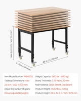 VEVOR Adjustable Workbench on Wheels, 1500 lbs Capacity, 48 x 24 Inch Oak Wood Top Workbench with 28.5-42.3 Inch Height Adjustment, Heavy-Duty Hardwood Worktable for Garage, Workshop, Home, Office VEVOR