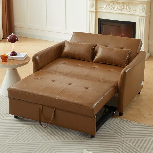 Love Seat Sleeper Bed, Pull Out Couch Bed with USB Charging Ports, 3 in 1 Faux Leather Loveseat Sleeper Sofa Bed, Pull Out Sofa Bed with Adjustable Backrest for Living Room, Bedroom, Apartment-Brown Heliodeck