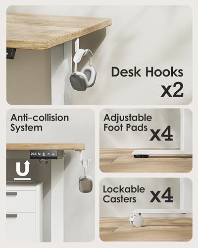 TIQLAB Standing Desk 47 x 24 inch, Electric Height Adjustable Desk with Splice Board, Stand Up Desk with Casters, Sit Stand Desk Computer Desk for Home Office, White Frame/Maple Top TIQLAB