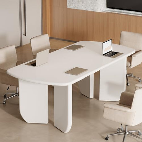 Tribesigns 5ft Conference Table for 4-6 People, 63" Large Meeting Table with Rounded Edges & Curved Base, Rectangle Conference Room Table, Modern Minimalist Workstation for Office, White Tribesigns