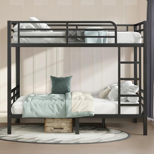 XUWANSHANG Full Over Full Bunk Bed Frame, Heavy Duty Metal Loft Bed for Adults/Teens, 350/500LB Capacity w/Ladder & Guardrail, Noise-Free Steel Slats, No Box Spring Required, Black XUWANSHANG