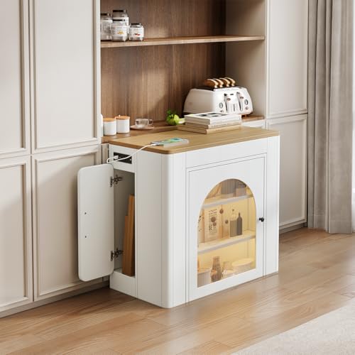 Hennhari Extendable Console Dining Table with Power Outlet & Iron Support Legs, Console Table with Extension Leaves Holder & LED Lights Glass Door Storage for Dining Room (Cream White) Hennhari