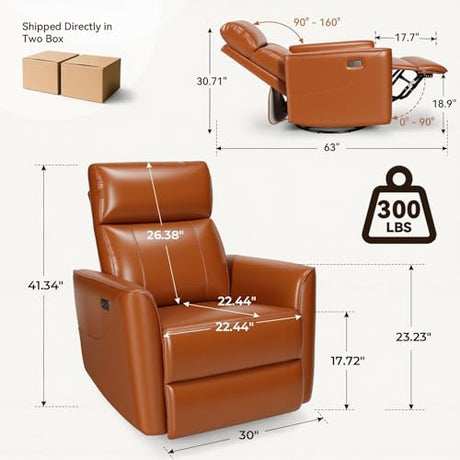 Himimi Power Recliner Chair, Swivel Rocker Recliner with Massage and Heat, Nursery Glider for Living Room, Small Space, Faux Leather, USB, Side Pockets, Orange-Brown Himimi