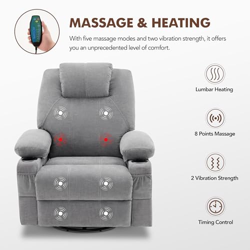 Weture Swivel Rocker Recliner Chair with Heat and Massage, Big Oversized Rocking Single Sofa for Living Room, 360 Degree Swivel Recliner Chair with Cup Holders and USB Port (Fabric, Grey) Weture